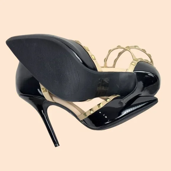 Wild Diva Lounge 64 Sexy Stud Patent Leather Stiletto Black Beige Heels Size 9 - Picture 10 of 16